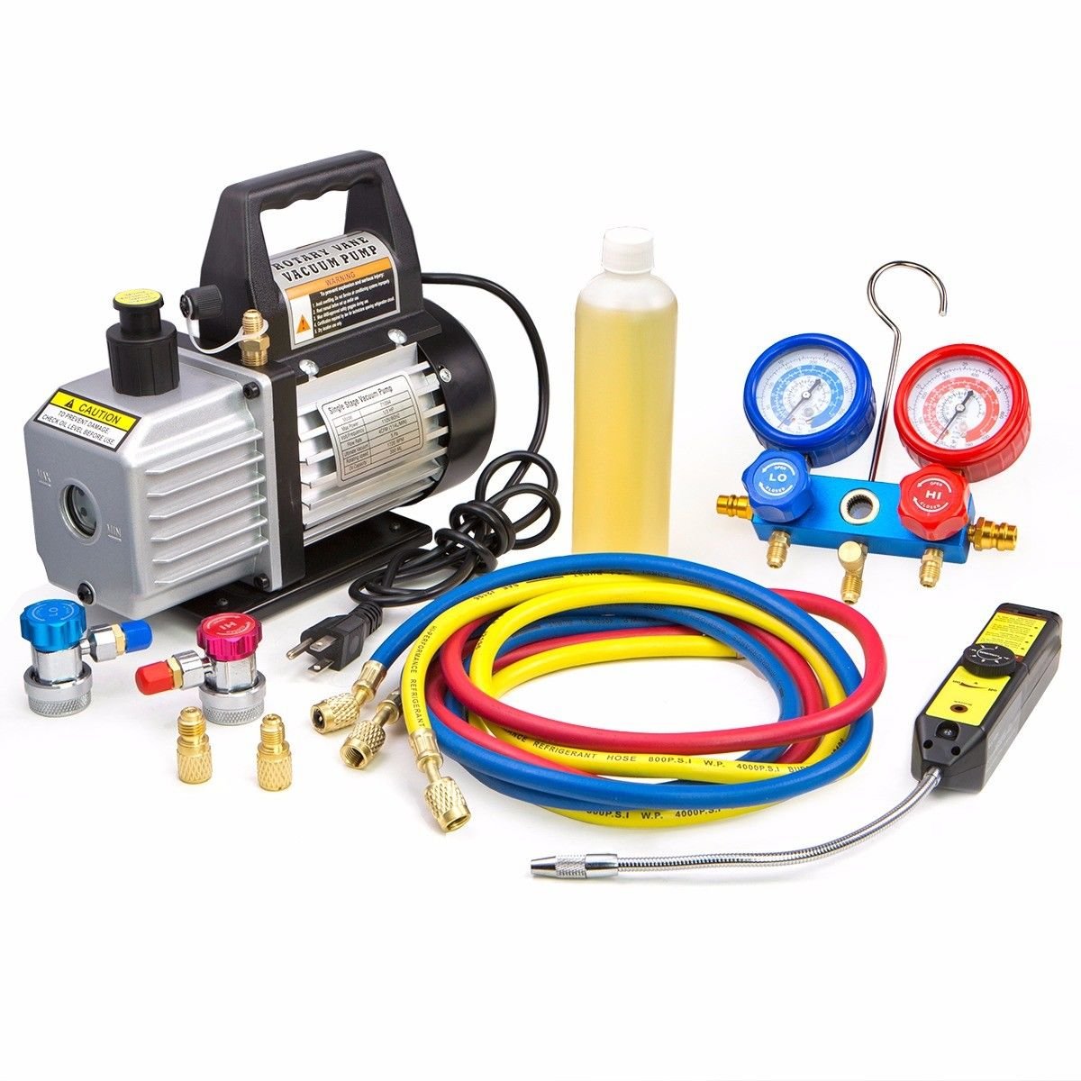 XtremepowerUS 3CFM 1/4HP Vacuum Pump HVAC R134a, R12, R22, R410a, A/C Refrigeration R134 Can Tap Adapter, R134 Quick Connector AC Manifold Gauge Air Conditioner Oil Bottle w/Bag