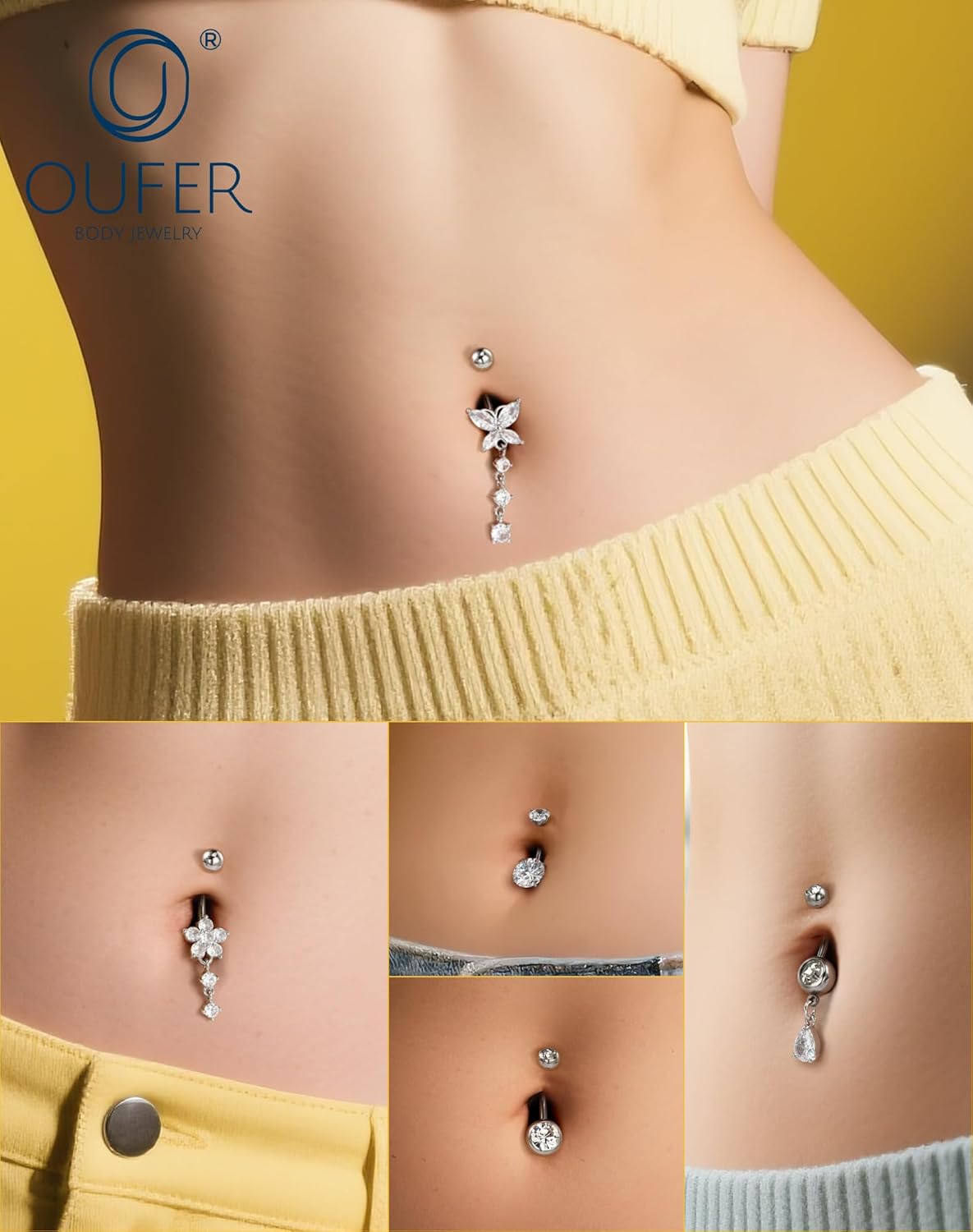 OUFER 5x Bauchnabelpiercings baumelnd – 14G Chirurgischer Stahl Bauchnabelpiercing, Hypoallergener Bauchnabelring mit Zirkonia Schmetterling Blume Tropfen Langhantel für Strand, Festival, Fitnessstudio
