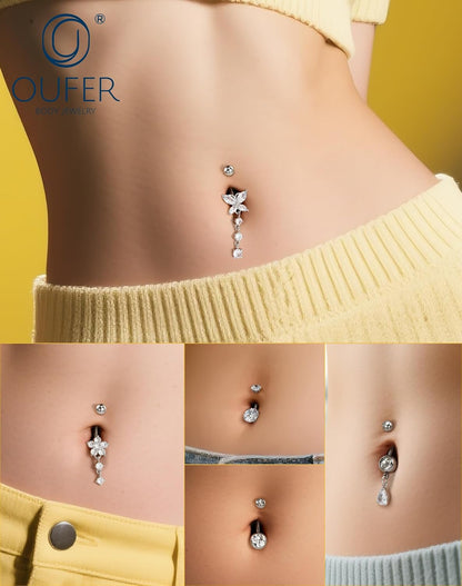OUFER 5x Bauchnabelpiercings baumelnd – 14G Chirurgischer Stahl Bauchnabelpiercing, Hypoallergener Bauchnabelring mit Zirkonia Schmetterling Blume Tropfen Langhantel für Strand, Festival, Fitnessstudio