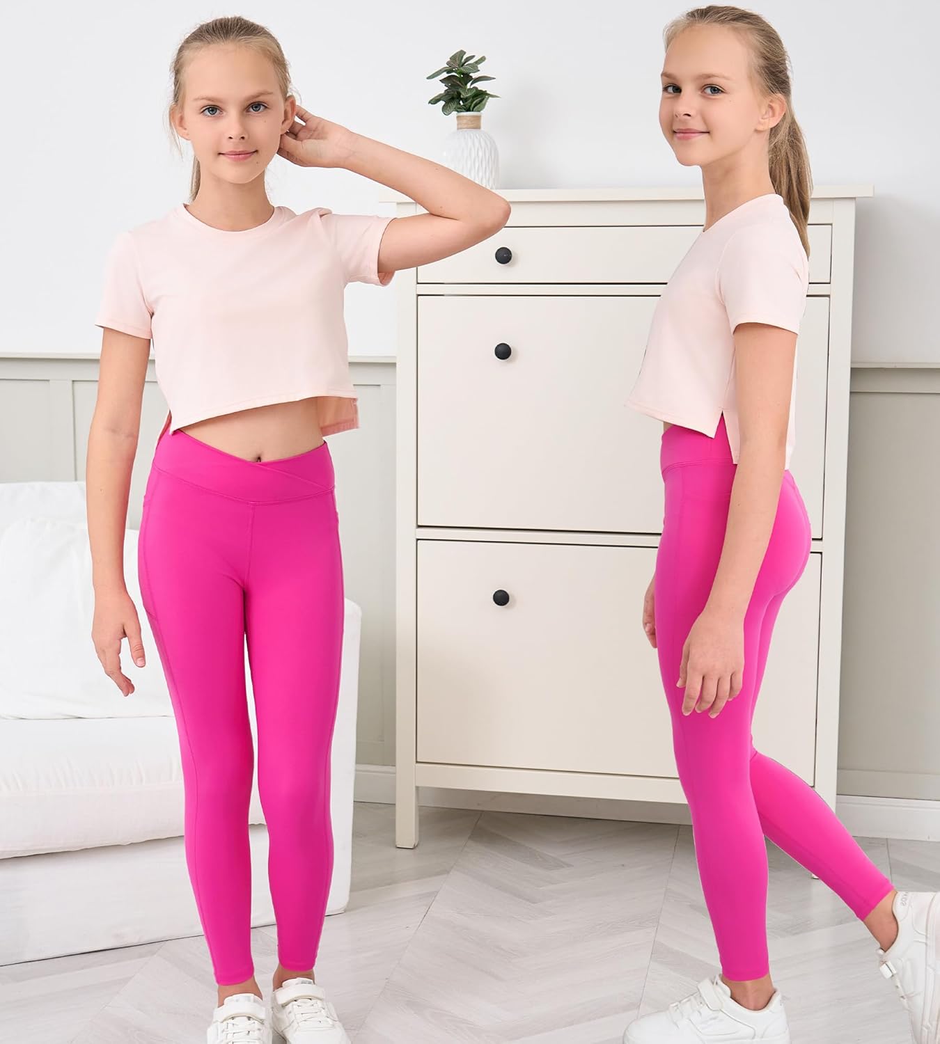 Mädchen Crossover-Yoga-Hose, Sport-Leggings für Kinder mit Taschen, Teenager-Mädchen Tanz- und Workout-Leggings