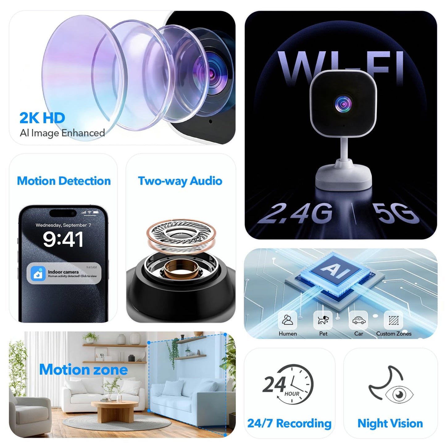 2K Cameras for Home Security Dual-Band 5G/2.4GHz WiFi Indoor Camera Baby Monitor & Pet Camera for Dog Cat Elder AI Motion Detect 2-Way Audio Night Vision 24/7 Local Recording SD Cloud Storage 2 Pack