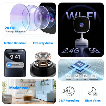 2K Cameras for Home Security Dual-Band 5G/2.4GHz WiFi Indoor Camera Baby Monitor & Pet Camera for Dog Cat Elder AI Motion Detect 2-Way Audio Night Vision 24/7 Local Recording SD Cloud Storage 2 Pack