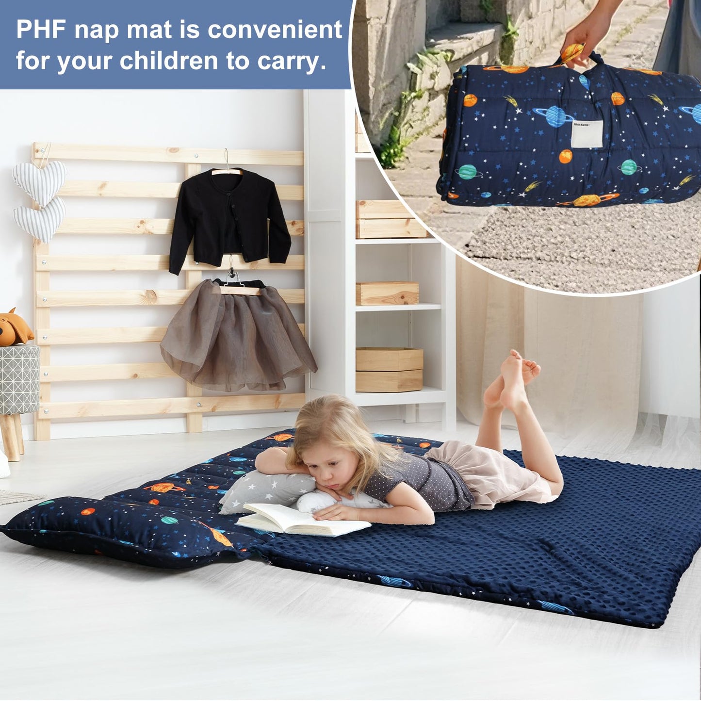 PHF Toddler Nap Mat with Removable Pillow and Minky Blanket, Rollup Design Kids Sleeping Mat, Slumber Bags for Boys, 55"x23" Toddler Sleeping Bag for Daycare Preschool Travel Camping, Space