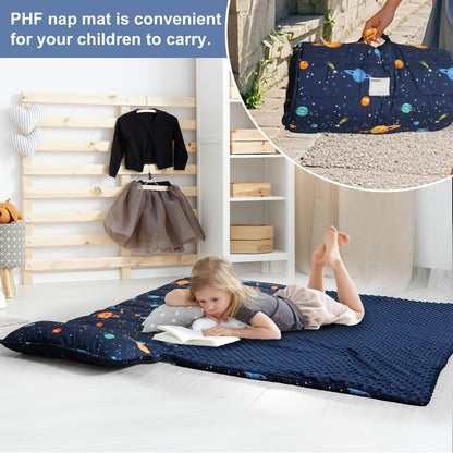 PHF Toddler Nap Mat with Removable Pillow and Minky Blanket, Rollup Design Kids Sleeping Mat, Slumber Bags for Boys, 55"x23" Toddler Sleeping Bag for Daycare Preschool Travel Camping, Space