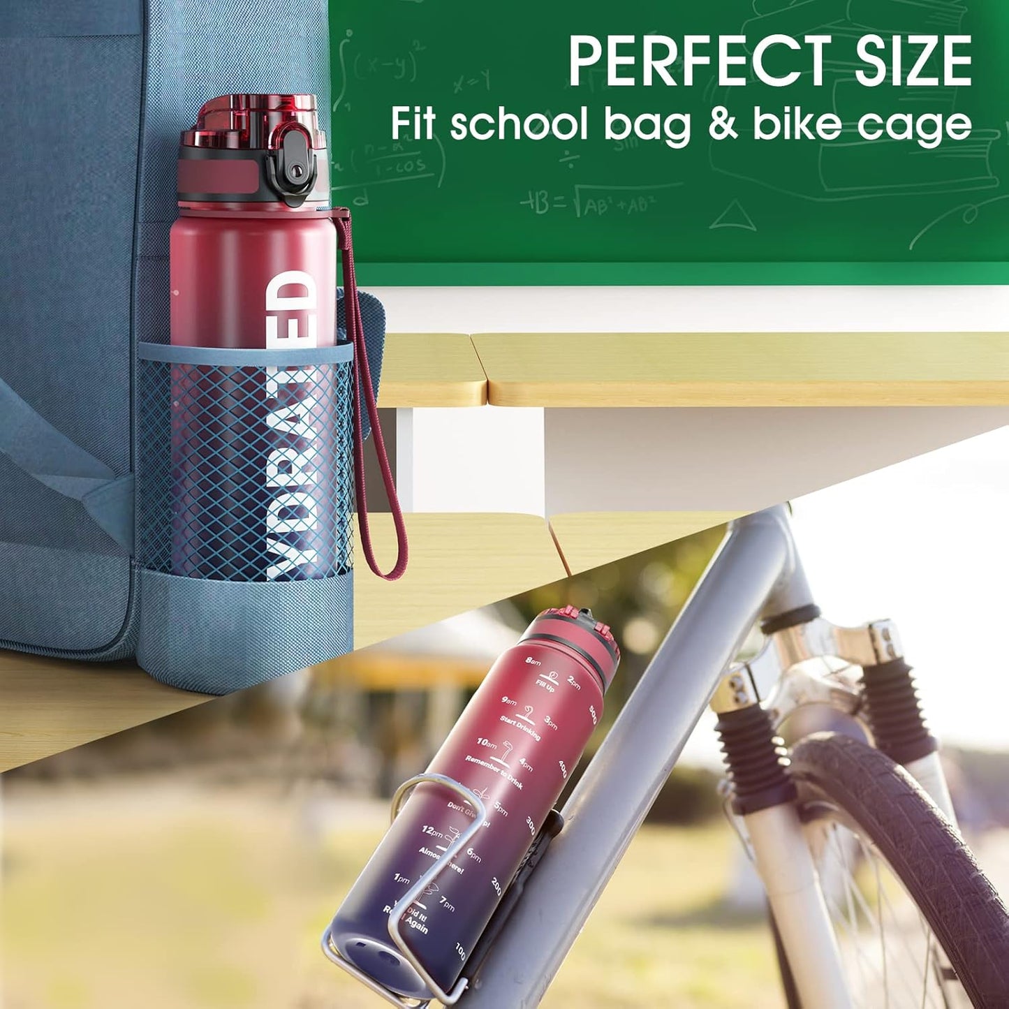 Sahara Sailor Trinkflasche, 950ml Motivations-Sportflasche mit Zeitmarkierung – Trinkzeiten – Tritan, BPA-frei, weite Öffnung auslaufsicher, Fast-Flow-Technologie mit Reinigungsbürste (1 Flasche)