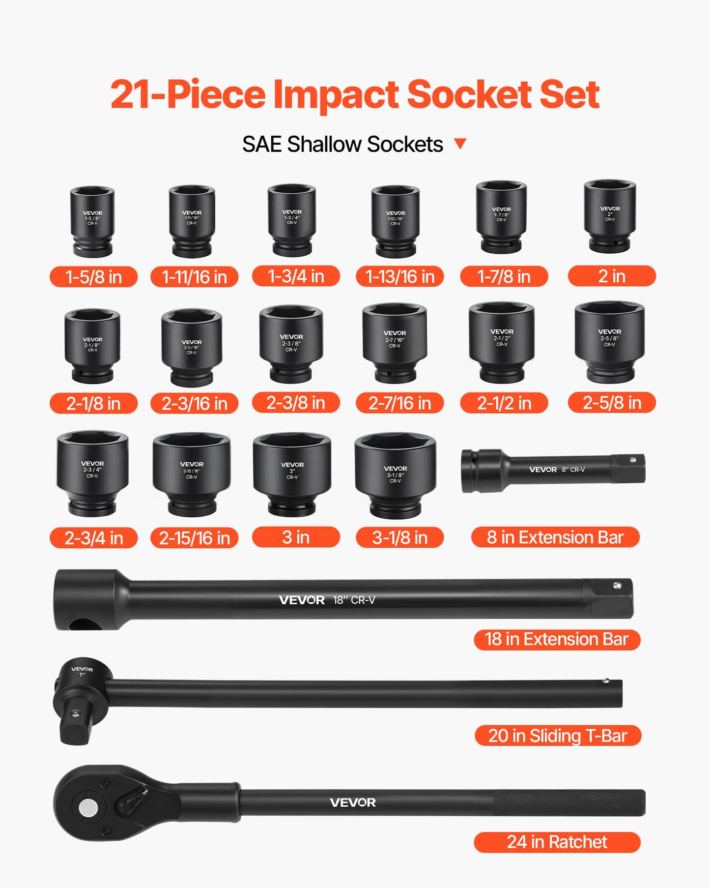VEVOR 91-Piece 1/2" Drive Impact Socket Set, SAE (5/16" to 1-1/4") & Metric (8 to 32 mm), CR-V, Deep & Shallow, 6 Point, Ratchet Handle, Universal Joint, Adapters, Extension Bars (3, 5, 10 in)