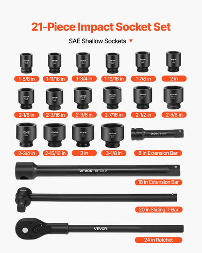 VEVOR 91-Piece 1/2" Drive Impact Socket Set, SAE (5/16" to 1-1/4") & Metric (8 to 32 mm), CR-V, Deep & Shallow, 6 Point, Ratchet Handle, Universal Joint, Adapters, Extension Bars (3, 5, 10 in)