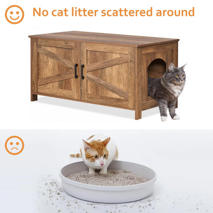 Homhedy Cat Litter Box Enclosure, Wooden Cat Washroom Furniture with Barn Door, Pet House, Fit Most of Litter Box, White