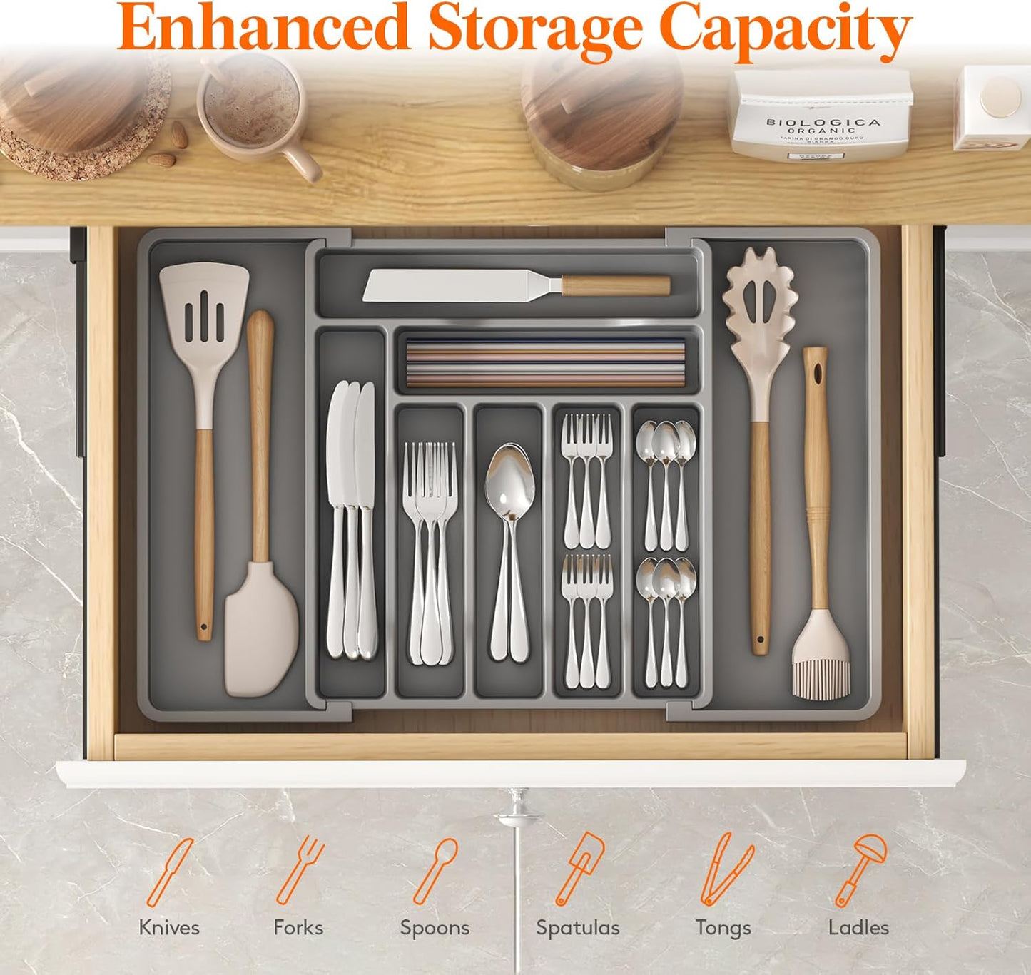 Lifewit Besteck Organizer, erweiterbarer Utensilien Organizer für die Küche, Utensilienhalter, verstellbarer Besteckkasten Schubladen Organizer für Löffel, Messer, Küchen Organizer und Aufbewahrung, Schwarz