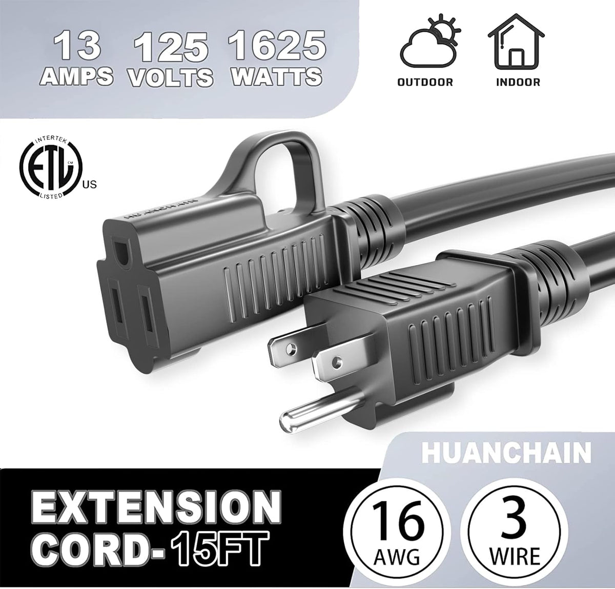 HUANCHAIN Indoor Outdoor Black Extension Cord 25 ft Waterproof, 16/3 Gauge Flexible Cold-Resistant Appliance Cable Outside, 13A 1625W 16AWG SJTW, 3 Prong Electric Cord, ETL