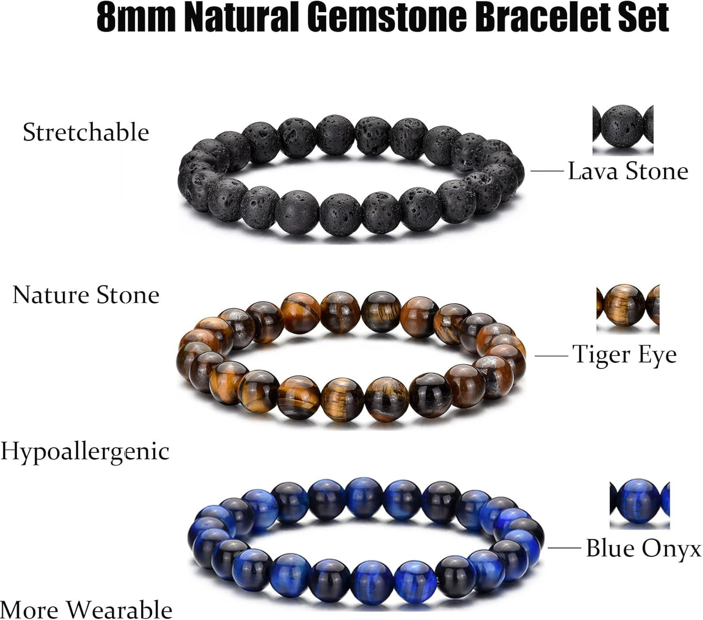 Tigerauge Armband für Herren 8MM Natursteinperlen Armband Set Stretch Lava Stein Armbänder Verstellbares Schwarzes Kristallperlenarmband für Herren Damen Geschenke