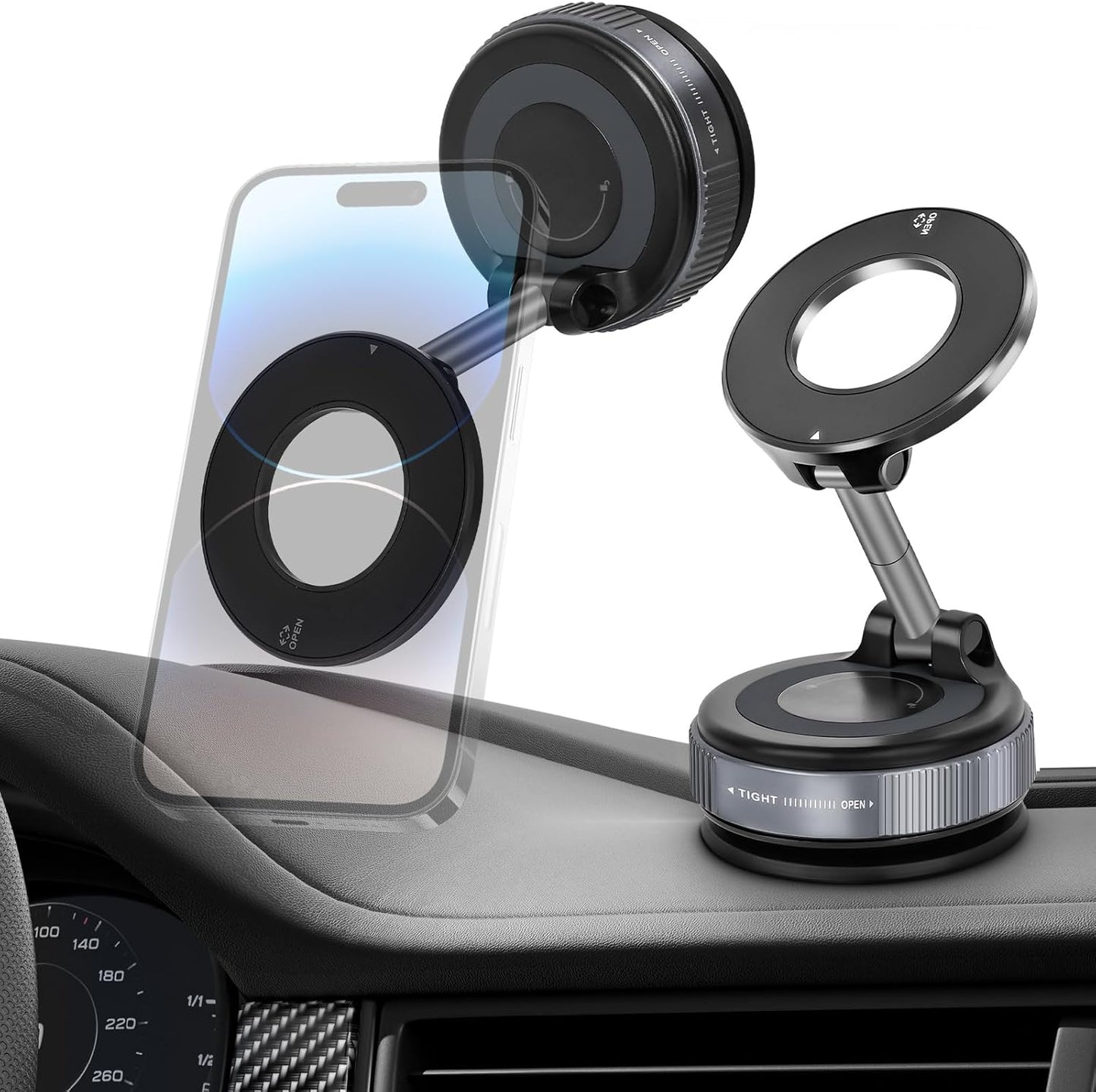 Jikasho Vacuum Magnetic Car Phone Holder for Magsafe, Hands-Free 360° Adjustable Suction Cup Phone Mount for Car/Gym/Mirror/Smooth Surface, Compatible with iPhone & Android (Black)