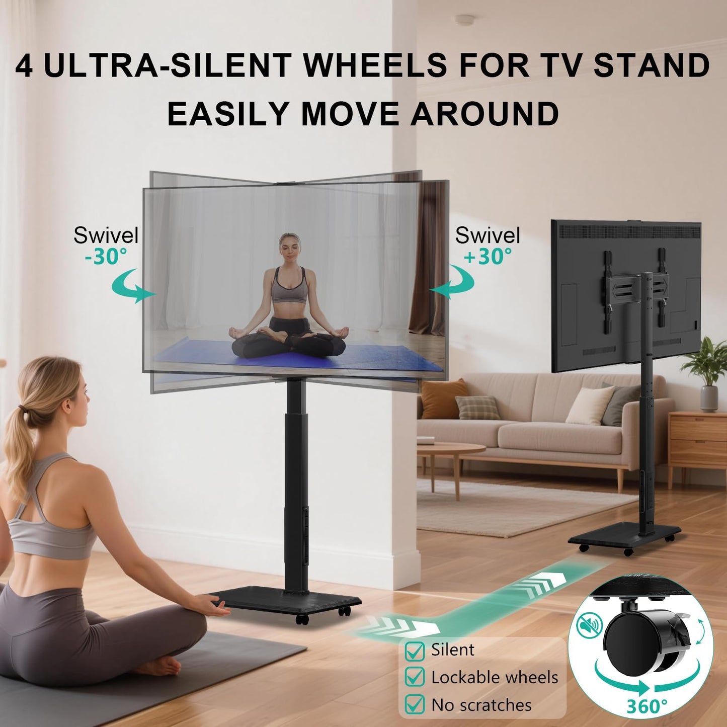 WALI Rolling TV Stand with Power Outlet & AV Shelf, Mobile Tall TV Stand Mount on Wheels for 34-75 inch TV up to 110 lbs, Swivel Height Adjustable TV Cart with Wood Base for Bedroom(TVDVD-6PRW), White