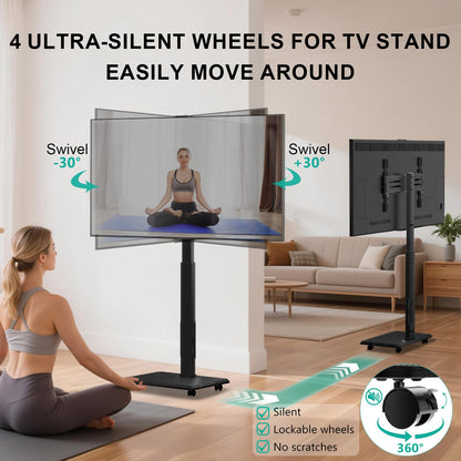 WALI Rolling TV Stand with Power Outlet & AV Shelf, Mobile Tall TV Stand Mount on Wheels for 34-75 inch TV up to 110 lbs, Swivel Height Adjustable TV Cart with Wood Base for Bedroom(TVDVD-6PRW), White