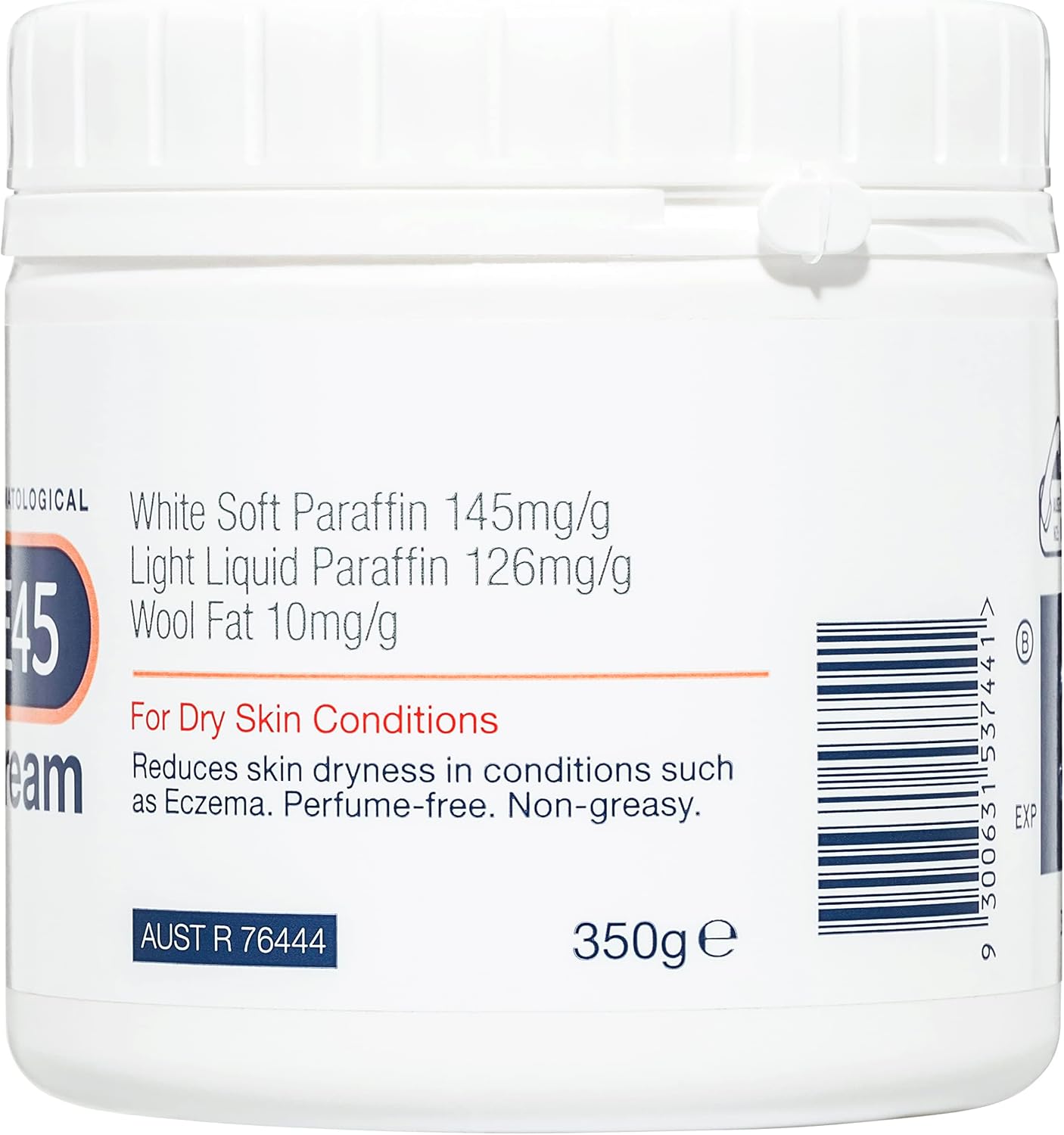 E45 - Dermatological Cream For Dry Skin Conditions ; Non Greasy Emollient ; Hypoallergenic ; 350g