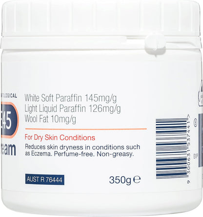 E45 - Dermatological Cream For Dry Skin Conditions ; Non Greasy Emollient ; Hypoallergenic ; 350g