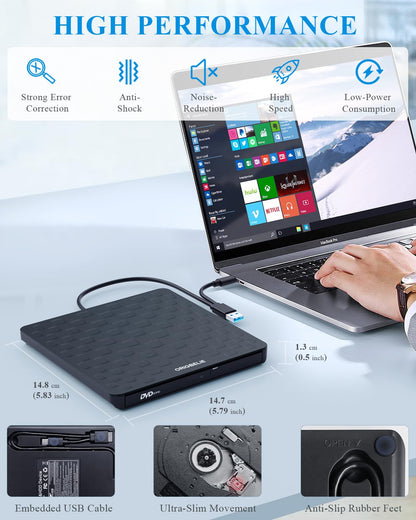 ORIGBELIE externes DVD-Laufwerk, CD-Laufwerk USB 3.0 Typ-C CD/DVD ROM +/-RW Adapter mit USB-Anschluss DVD-Brenner für Laptop, PC, Desktop-Computer, optisches Laufwerk CD-Player kompatibel mit Mac Windows Linux
