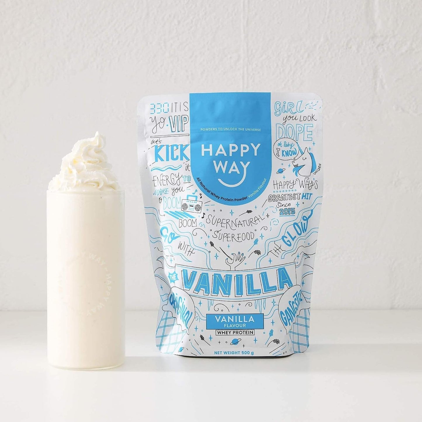 HAPPY WAY Vanilla Whey Protein Powder - 1kg | Smooth Vanilla Essence | Supports Toning & Muscle Recovery | Ideal for Shakes, Smoothies & Healthy Recipes