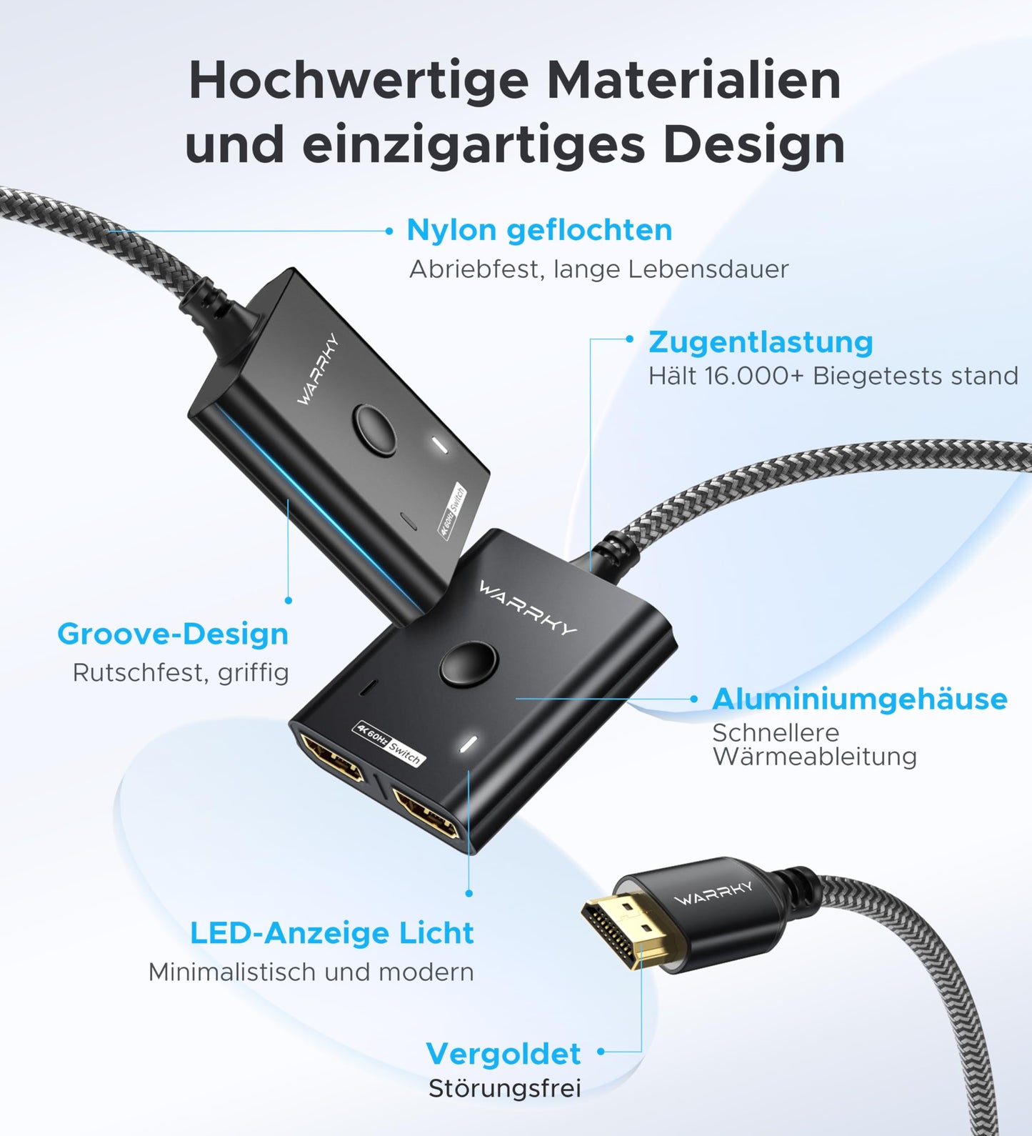 HDMI-Umschalter 2 Eingänge 1 Ausgang 4K@60Hz, WARRKY [mit 1m festem geflochtenen HDMI-Kabel, Aluminiumgehäuse, 2K@144Hz, HDCP 2.2] Bidirektionaler 2x1 Switcher Splitter kompatibel mit PS5/4, Xbox, Roku, FireStick, Switch