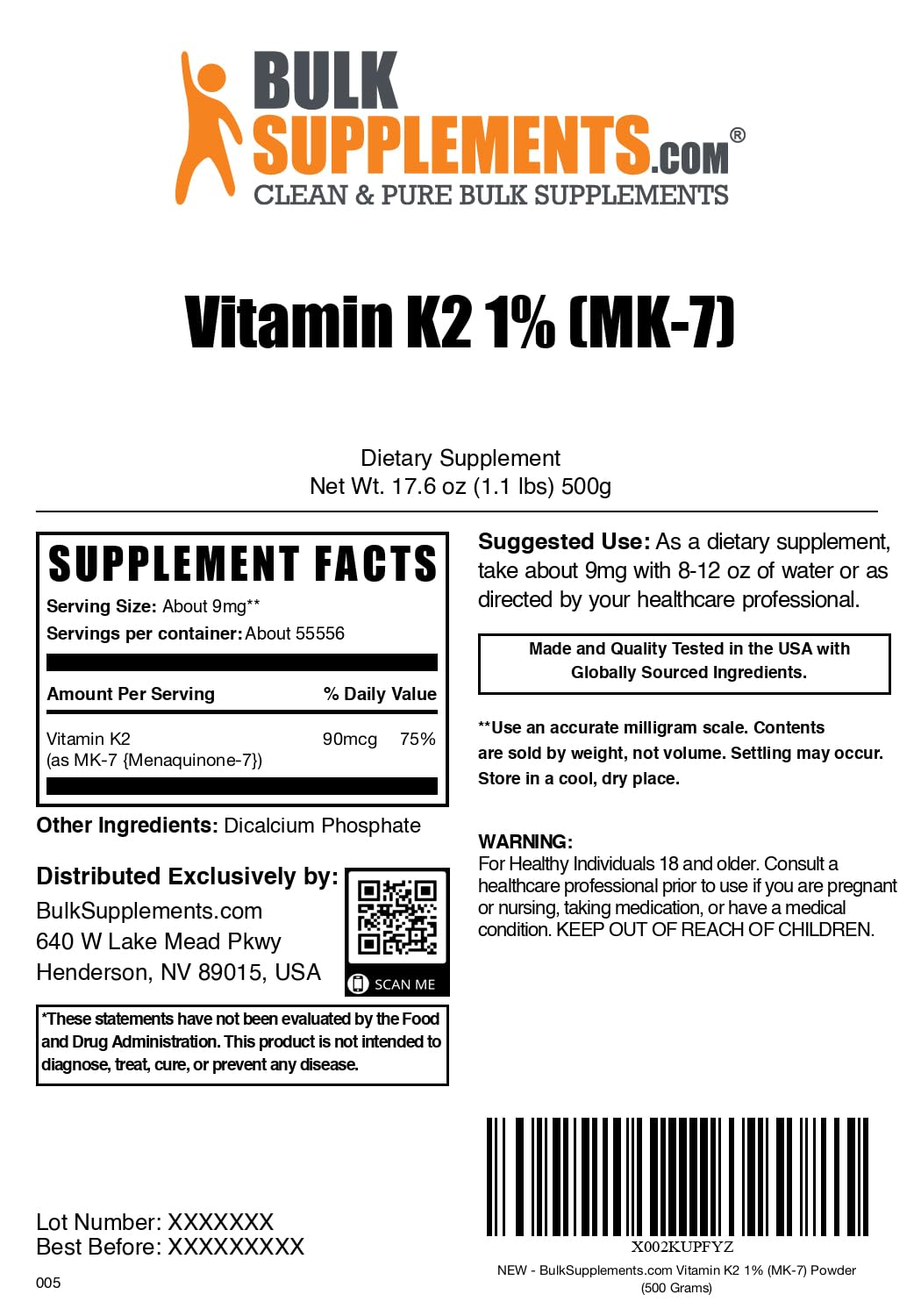 BulkSupplements.com Vitamin K2 Powder - Vitamin K2 MK-7, as Menaquinone Powder - K2 Vitamin Supplement for Wellness, Gluten Free, 9mg per Serving, 500g (1.1 lbs) (Pack of 1)