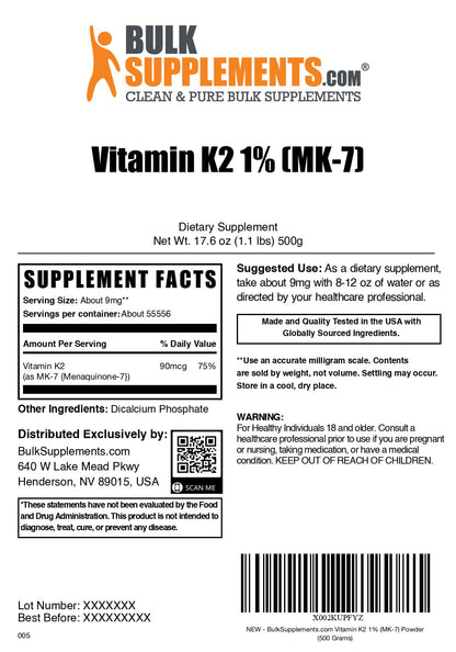 BulkSupplements.com Vitamin K2 Powder - Vitamin K2 MK-7, as Menaquinone Powder - K2 Vitamin Supplement for Wellness, Gluten Free, 9mg per Serving, 500g (1.1 lbs) (Pack of 1)
