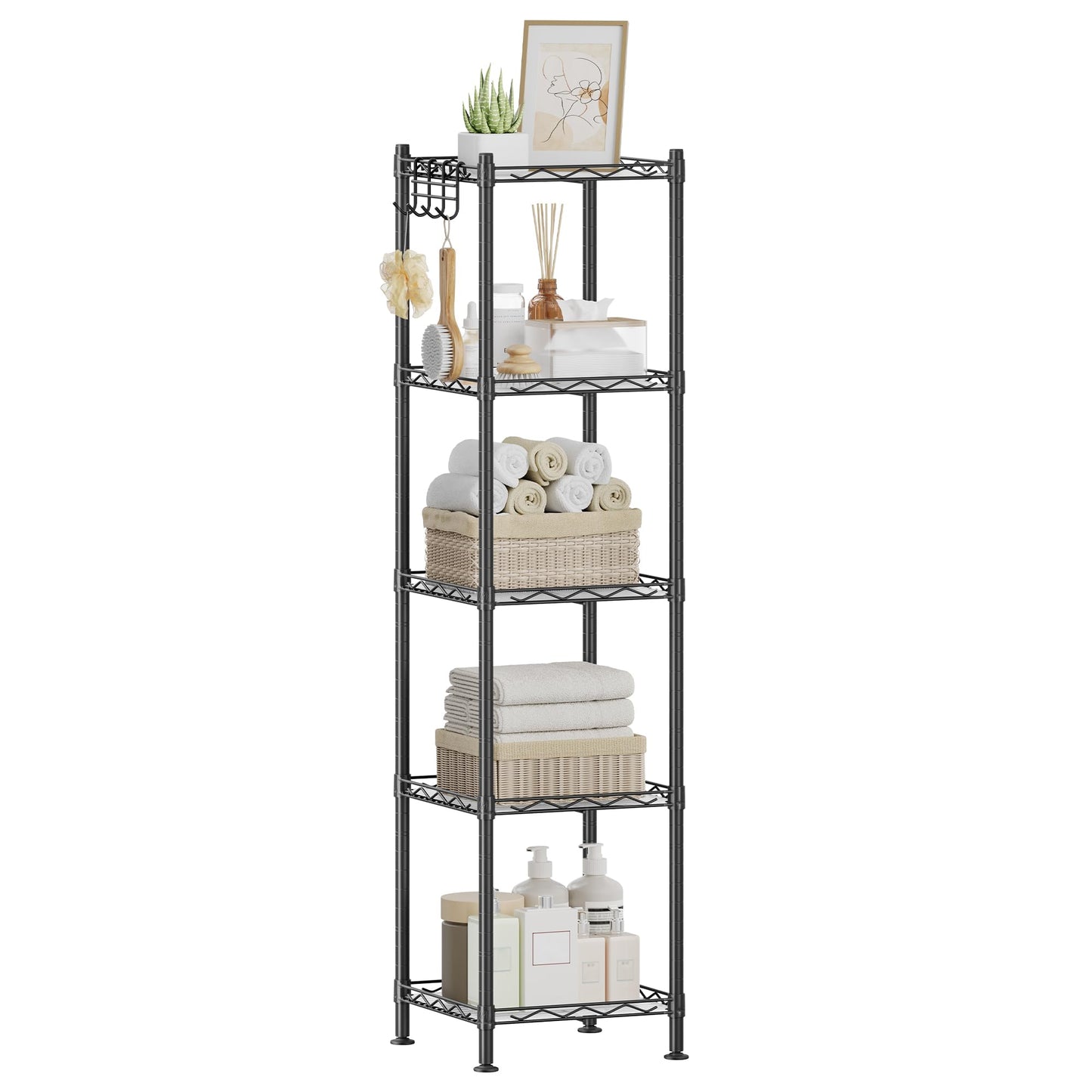 SONGMICS Storage Shelf, Small Metal Wire Shelving Unit, Adjustable Shelves, for Small Spaces, Garage, Bedroom, Living Room, Kitchen, Pantry, 5 Tier, 11.8 x 11.8 x 47.6 Inches, Ink Black ULGR123BH01