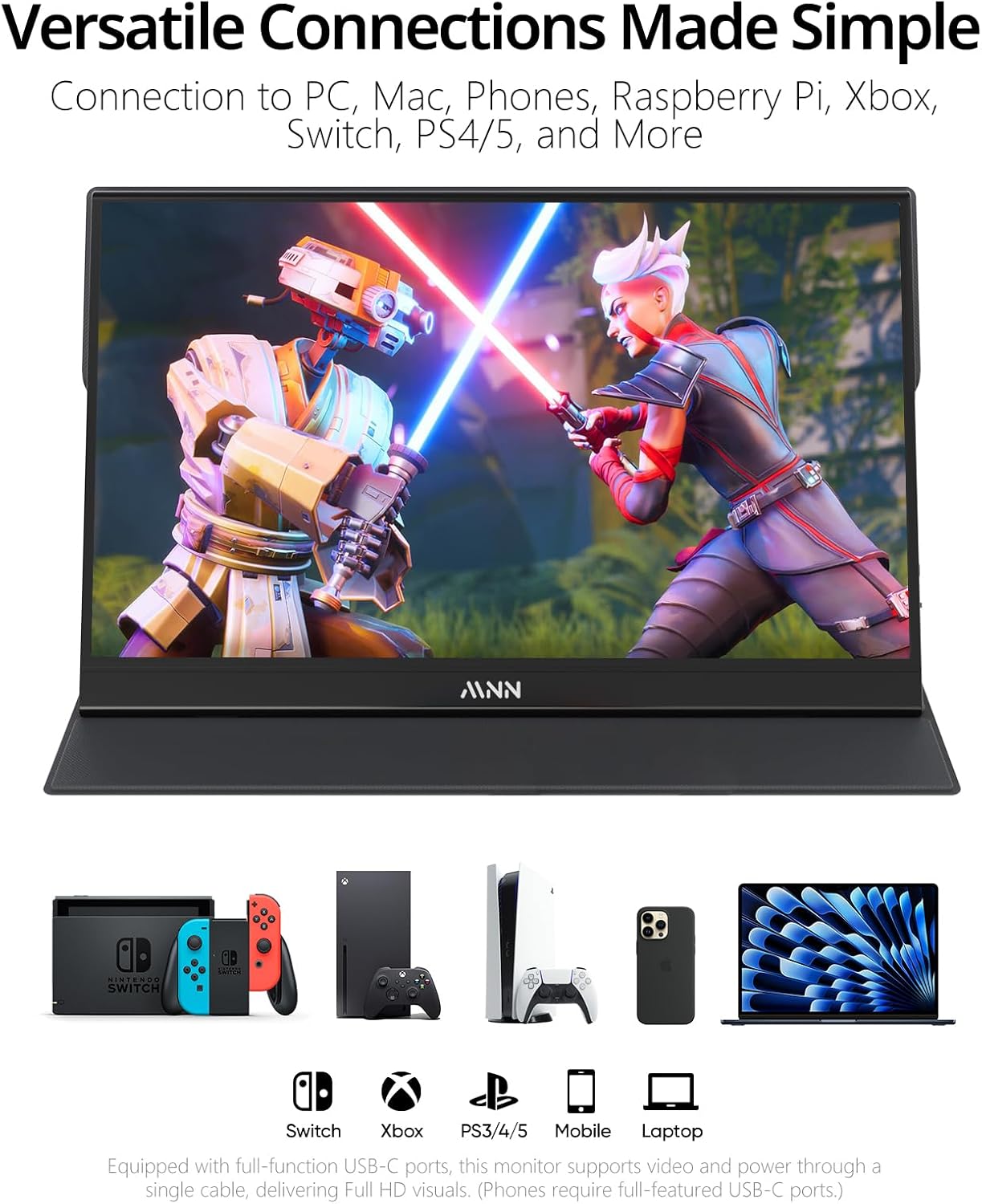 MNN Portable Monitor 15.6inch FHD 1080P 60Hz USB C HDMI Gaming Ultra-Slim IPS Display