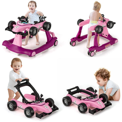 HONEY JOY 4-in-1 Baby Walker, Activity Push Walker w/3 Adjustable Heights, Smooth Wheels w/Adjustable Speed, Padded Seat, Music & Light, Foldable Car Walker for Baby Boys Girls Age 6 Months+ (Blue)