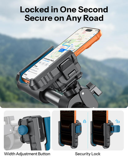 OMOTON BK01 Anti-Vibration Phone Mount, Quick Lock Shockproof Bike & Motorcycle Cell Phone Holder, Fits iPhone & Android for Riders on E-Bike, Stroller, Scooter, Fits Handlebars & Rearview Mirror