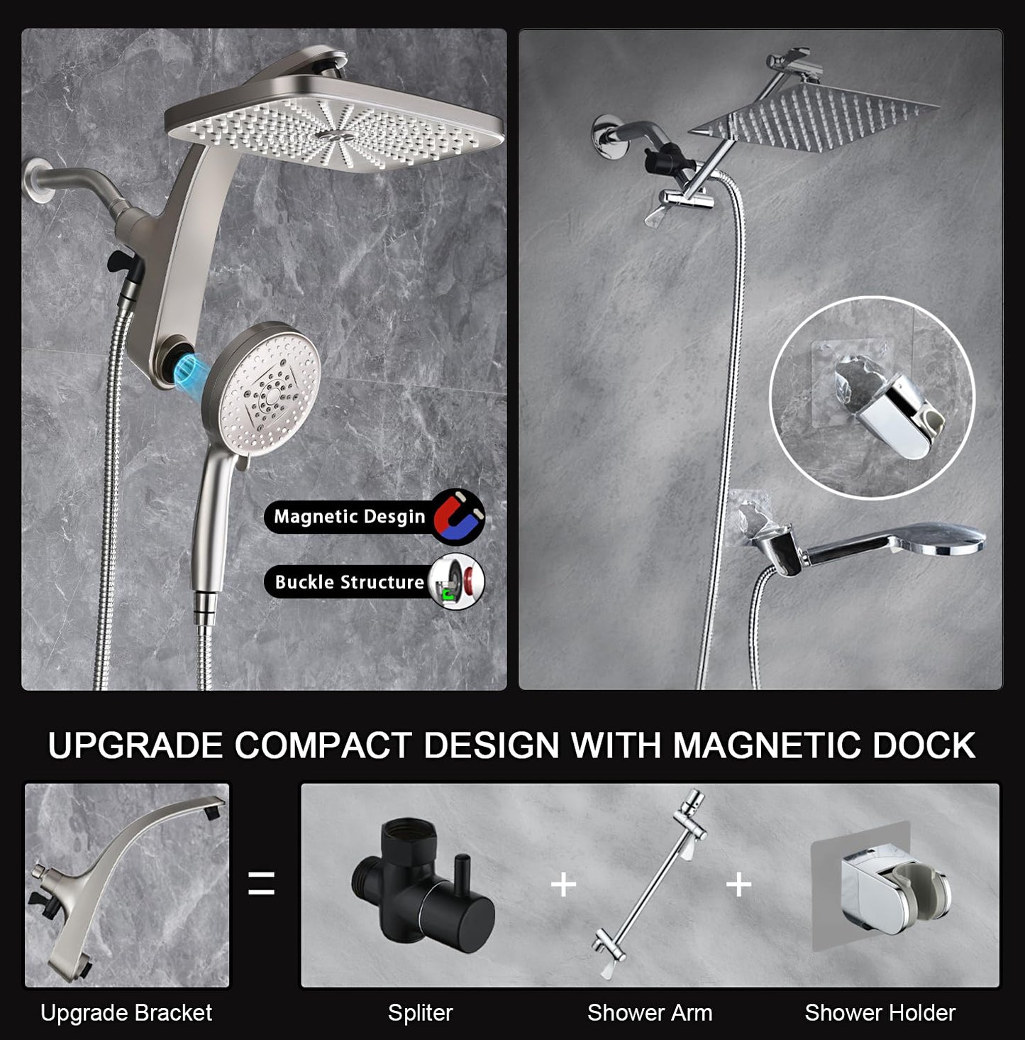 BOZYBO Rain Shower Head with Handheld: High Pressure Shower Heads with Handheld Spray Combo, 12" Rainfall Shower Head and 9 Sprays Hand Showerheads with Magnetic Docking and Power Jets, Chrome