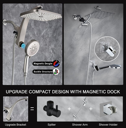 BOZYBO Rain Shower Head with Handheld: High Pressure Shower Heads with Handheld Spray Combo, 12" Rainfall Shower Head and 9 Sprays Hand Showerheads with Magnetic Docking and Power Jets, Chrome