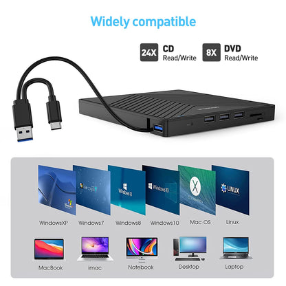 ORIGBELIE externes DVD-Laufwerk, CD-Laufwerk USB 3.0 Typ-C CD/DVD ROM +/-RW Adapter mit USB-Anschluss DVD-Brenner für Laptop, PC, Desktop-Computer, optisches Laufwerk CD-Player kompatibel mit Mac Windows Linux