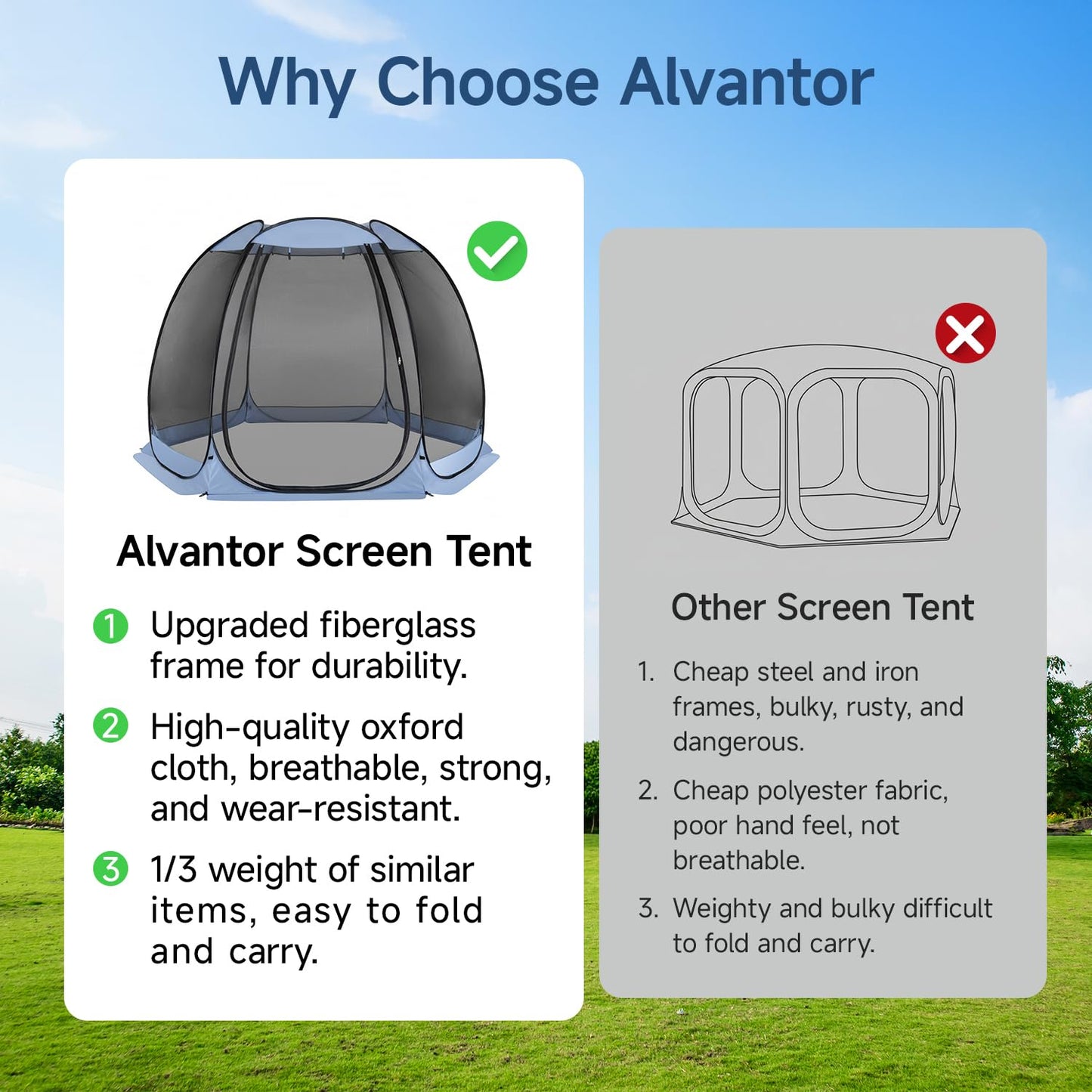 Alvantor Pop Up Screen House Tent, Instant Outdoor Gazebo with Mosquito Netting & UPF 50+ Sun Protection, Portable Canopy Shelter for Patio, Backyard, Camping (2-10 Person)