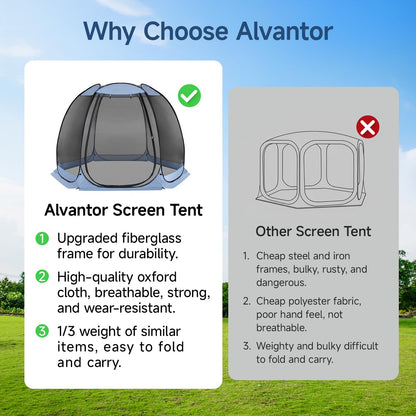 Alvantor Pop Up Screen House Tent, Instant Outdoor Gazebo with Mosquito Netting & UPF 50+ Sun Protection, Portable Canopy Shelter for Patio, Backyard, Camping (2-10 Person)