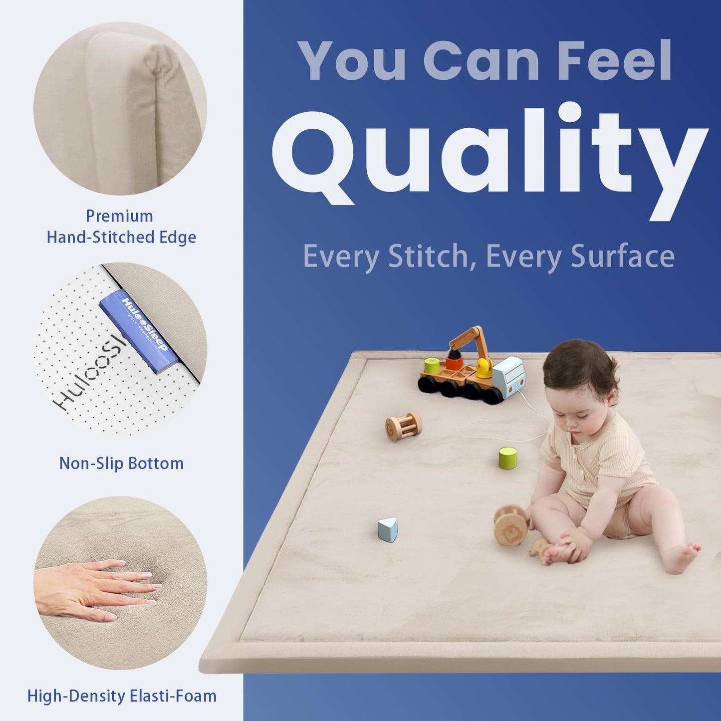Huloo Sleep Ultra Soft Baby Spielmatte für den Boden, 3,3 cm dicke Elasti-Foam 127x127 cm Laufgittermatte für Kleinkinder, rutschfeste Rückseite, sicher zum Krabbeln und für die Bauchlage, Tatami-Stil (Dunkelgrau)