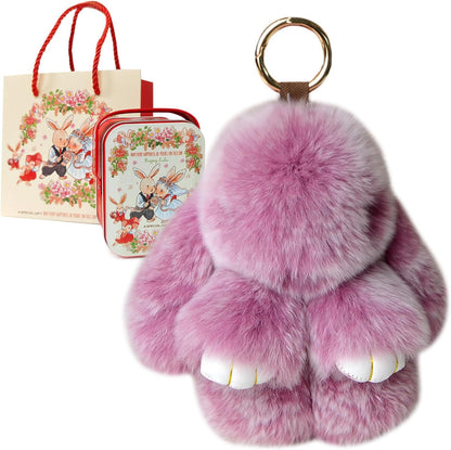Bunny Lulu Keychain with Tin Adorable Soft Bunny Pompom Charm for Girls & Women
