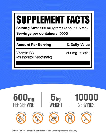 BulkSupplements.com Flush Free Niacin Powder - as Inositol Hexanicotinate, Vitamin B3 Supplement, Niacin 500mg Flush Free - Gluten Free, 500mg of per Serving, 5kg (11 lbs) (Pack of 5)
