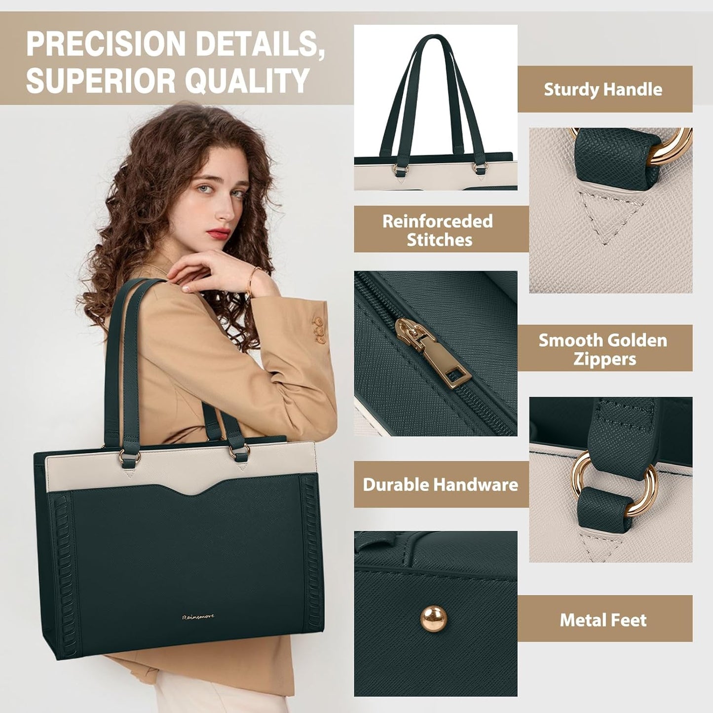 RAINSMORE Laptop Bag for Women 15.6 Inch Work Tote Bag with Detachable Strap & Bow Leather Laptop Tote with Cup Holder