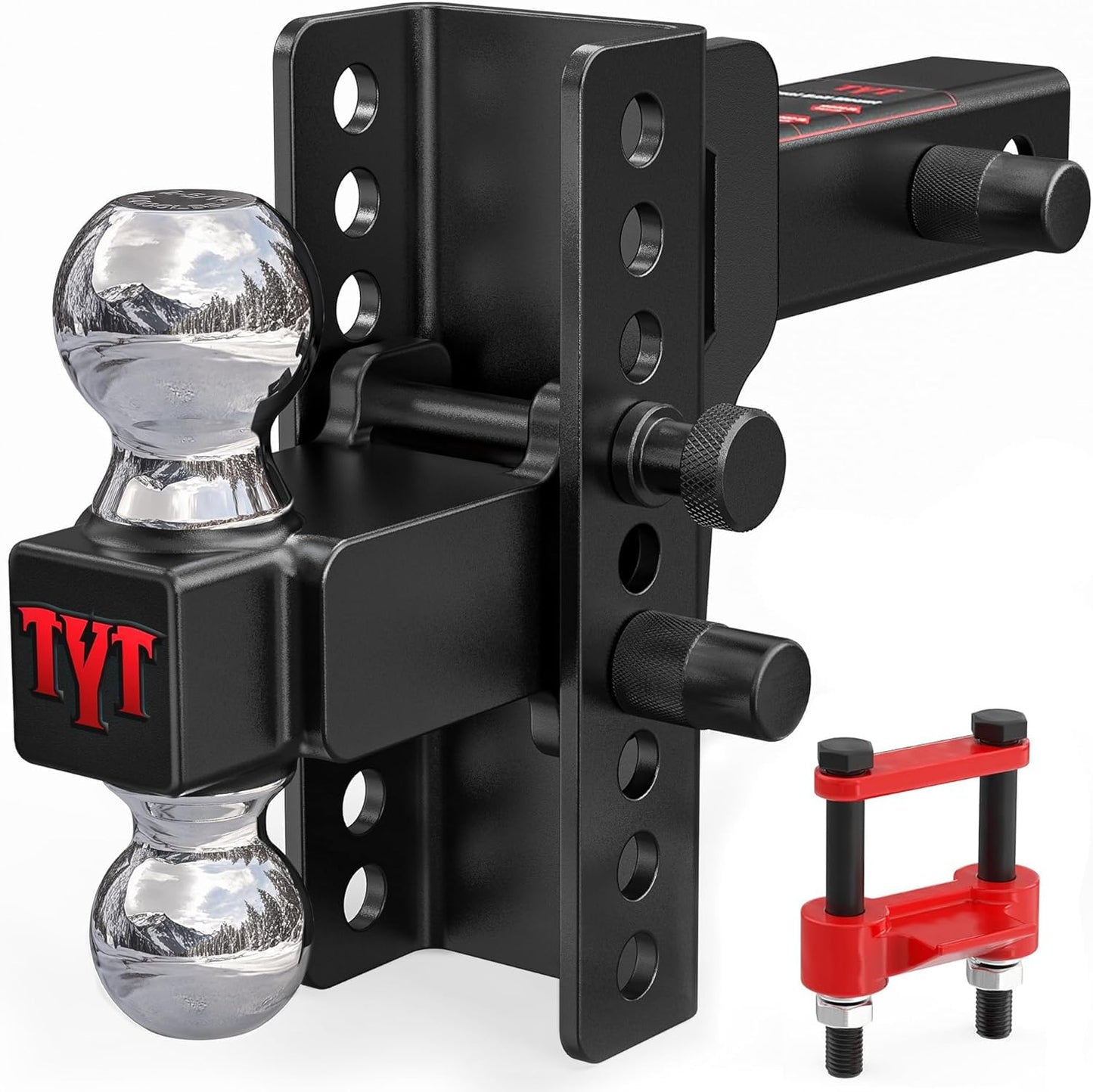 TYT Adjustable Truck Trailer Hitch for 2 inch Receiver, 6" Drop/Rise Tow Hitch with Dual Balls (2" & 2-5/16"), Compatible with Heavy-Duty Trailer Systems up to 20,000 lbs, Includes Hitch Tightener