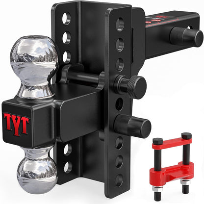 TYT Adjustable Truck Trailer Hitch for 2 inch Receiver, 6" Drop/Rise Tow Hitch with Dual Balls (2" & 2-5/16"), Compatible with Heavy-Duty Trailer Systems up to 20,000 lbs, Includes Hitch Tightener