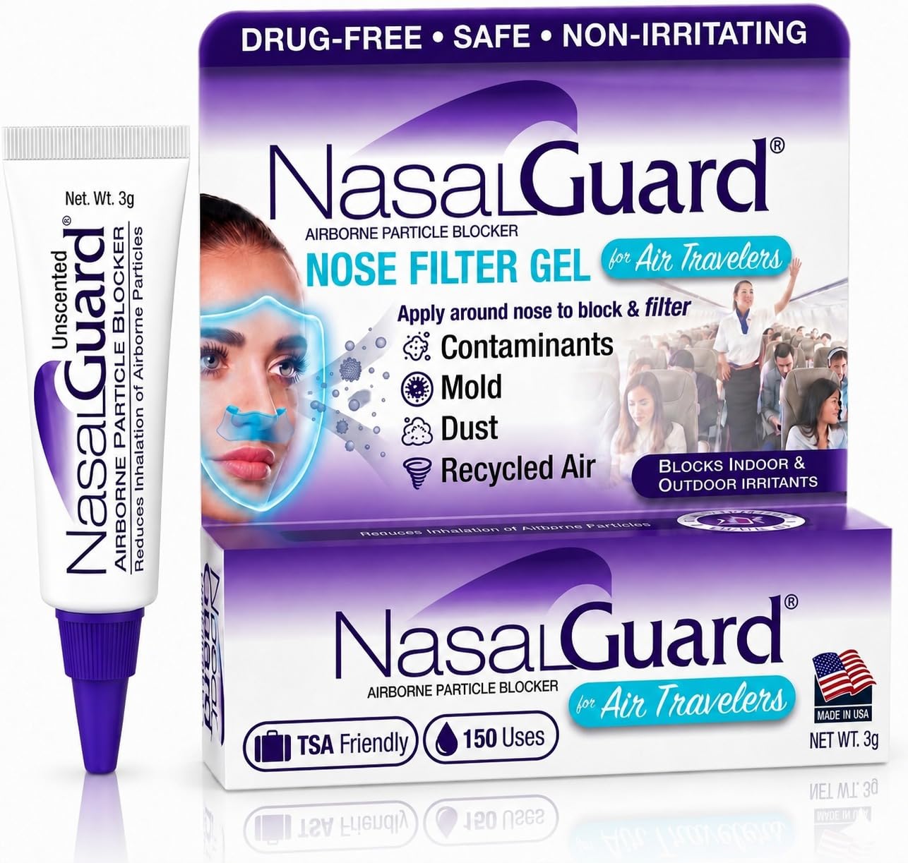 for Air Travelers | Cabin Air Protection Gel | Helps Block Dust, Mold & Airborne Contaminants | Drug-Free, Applied Around Nose | TSA Friendly | 150+ Uses (Unscented, 10g, Pack of 6)