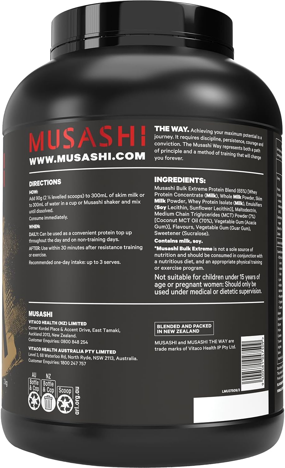 Musashi Bulk Extreme Protein Powder, Vanilla, Muscle Builder Formula, High Protein Supplement, Mass & Strength Support, Post-Workout Nutrition, 2kg