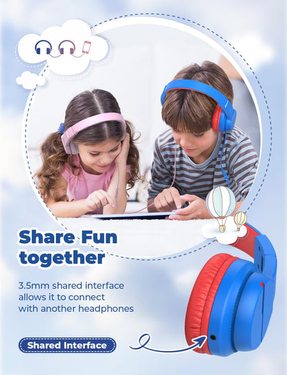iClever Kinderkopfhörer für Schule und Reisen, sichere Lautstärkebegrenzung, HD-Mikrofon, Stereo-Sound Over-Ear-Kopfhörer für Mädchen und Jungen, FunShare Faltbar, 3,5 mm kabelgebunden für iPad Computer, HS19