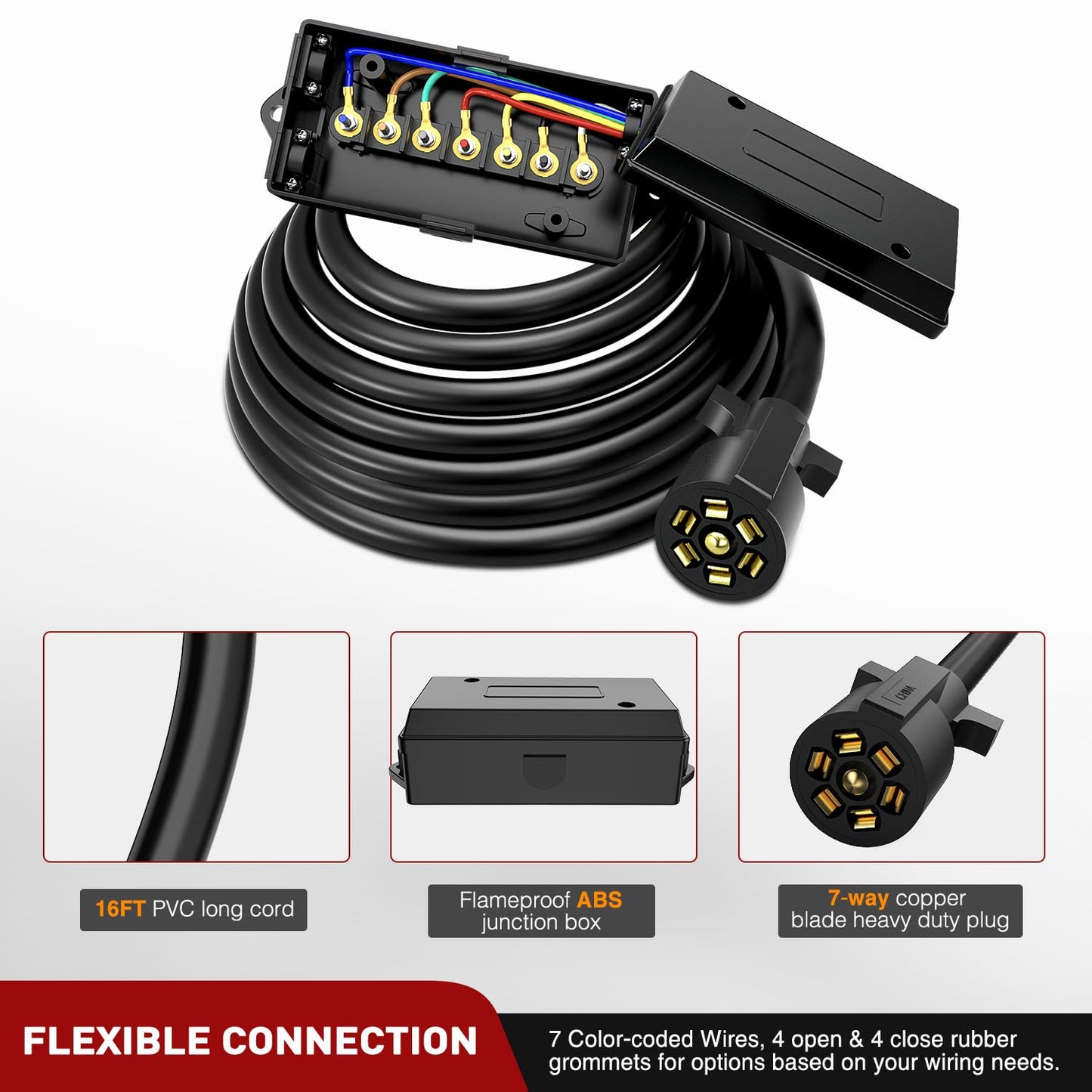 Nilight Heavy Duty 7 Way Inline Trailer Plug 8 Feet Connector Cable 7Pin RV Round Extension Wiring Harness Weatherproof Junction Box for RV Towing Car