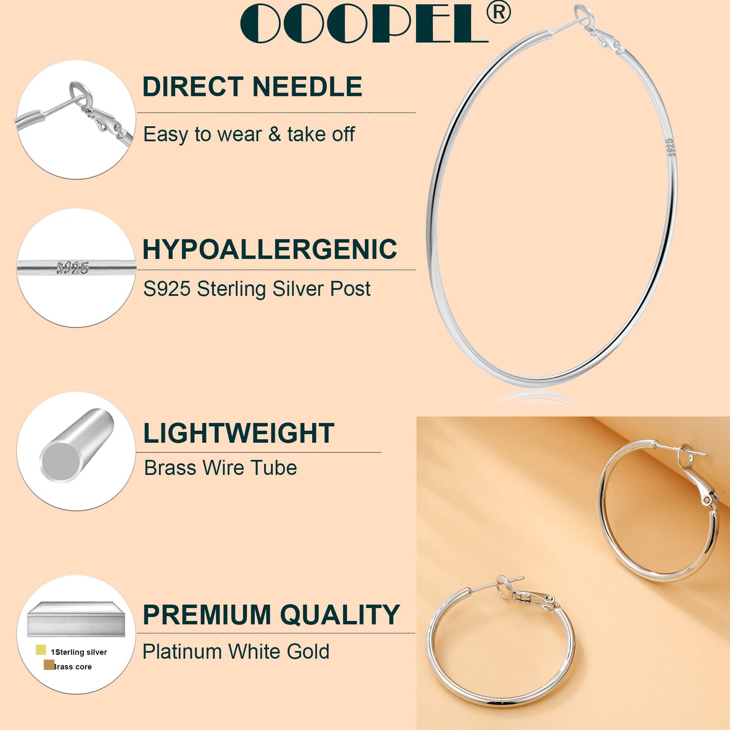 Große Gold Creolen für Frauen, Hypoallergene Dünne Gold Creolen, Sterling Silber Creolen für Damen, Extra Große, Mittelgroße, Große Creolen