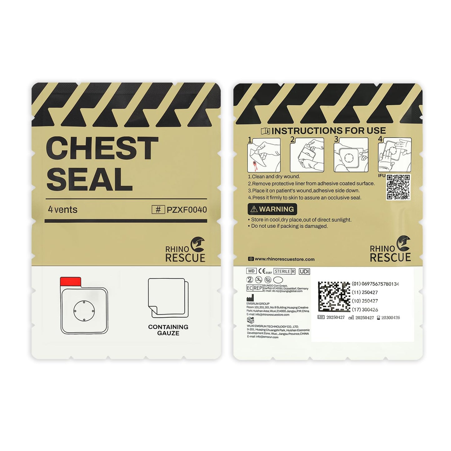 RHINO RESCUE Vented Chest Seal, 4 Vents, Sterile Emergency Trauma Dressing, Occlusive Adhesive Pad, IFAK Trauma Refill Medical First Aid Supplies for Wound Care, Gunshot Wound, Sucking Chest(20 Count)