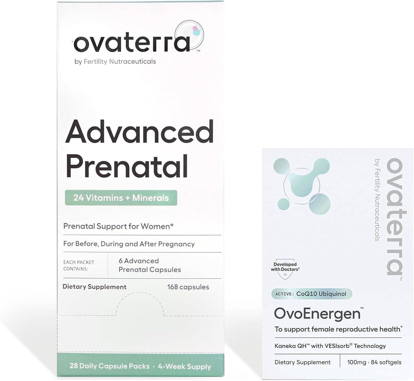 Ovaterra Advanced Prenatal & OvoEnergen CoQ10 Bundle to Support Women Reproductive Health and Egg Health 168 Capsules & 84-100mg Softgel Capsules - 28 Day Supply