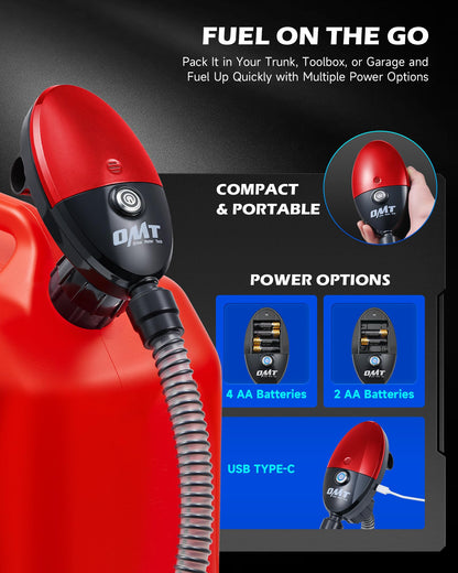 Orion Motor Tech Electric Fuel Transfer Pump with Auto-Shutoff, 3.2GPM Gas Can Pump, 51" Hose, USB-C & AA Battery (NO BATTERIES INCLUDED) Powered, 4 Adapters for Gasoline, Diesel, Kerosene, Blue