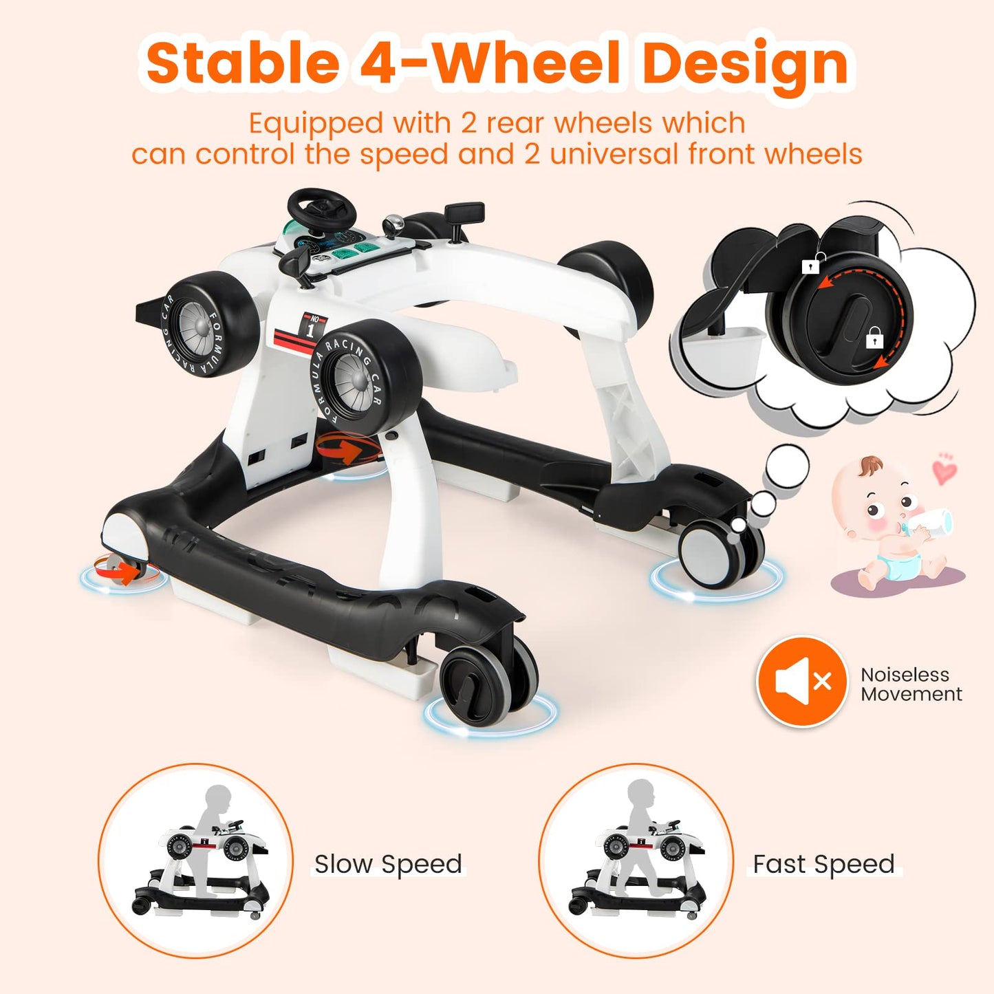 HONEY JOY 4-in-1 Baby Walker, Activity Push Walker w/3 Adjustable Heights, Smooth Wheels w/Adjustable Speed, Padded Seat, Music & Light, Foldable Car Walker for Baby Boys Girls Age 6 Months+ (Blue)