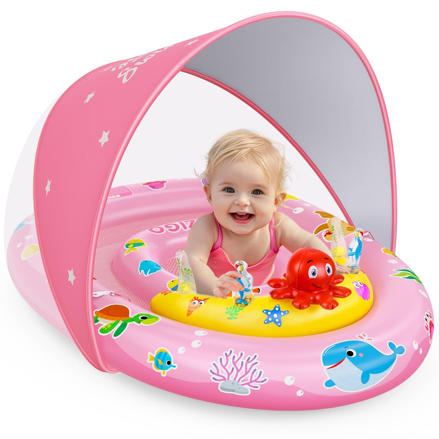 EZIGO Baby Pool Float with Canopy UPF50+ Sun Protection, Inflatable Kids Pool Floats with Ocean Animal Toys for Baby 6-36 Months, Infant Swimming Float with Adjustable Safety Seat for Boys Girls